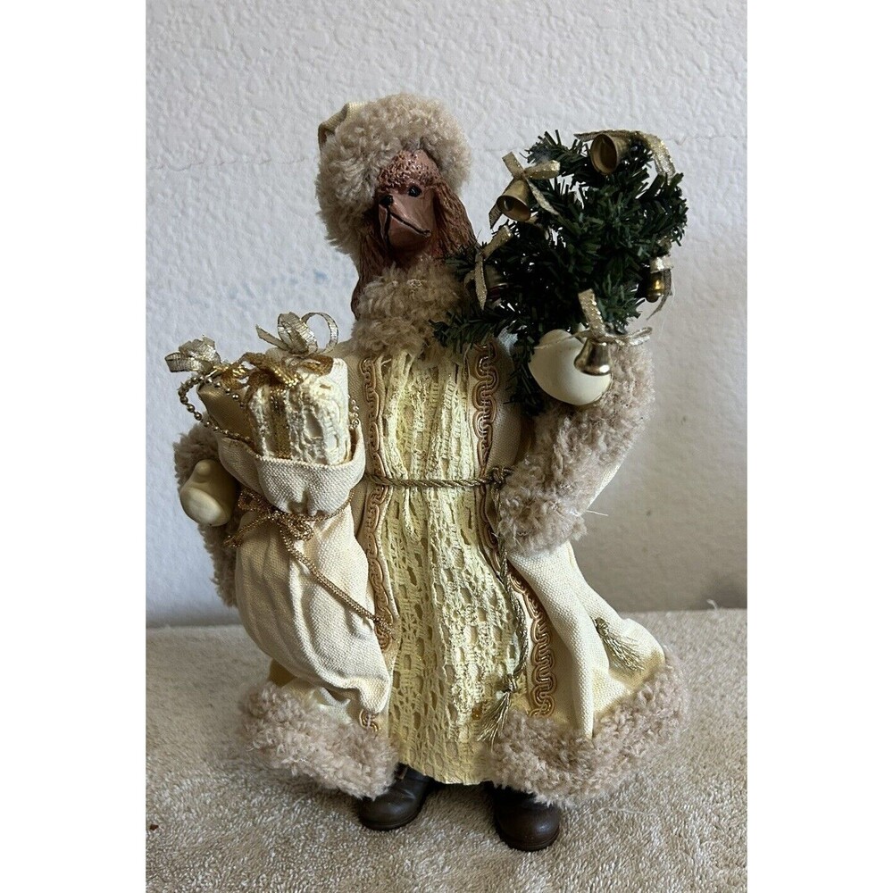 Santa Brown Poodle with Sack Standing Holiday Figurine Fabric Suit 11.5" tall
